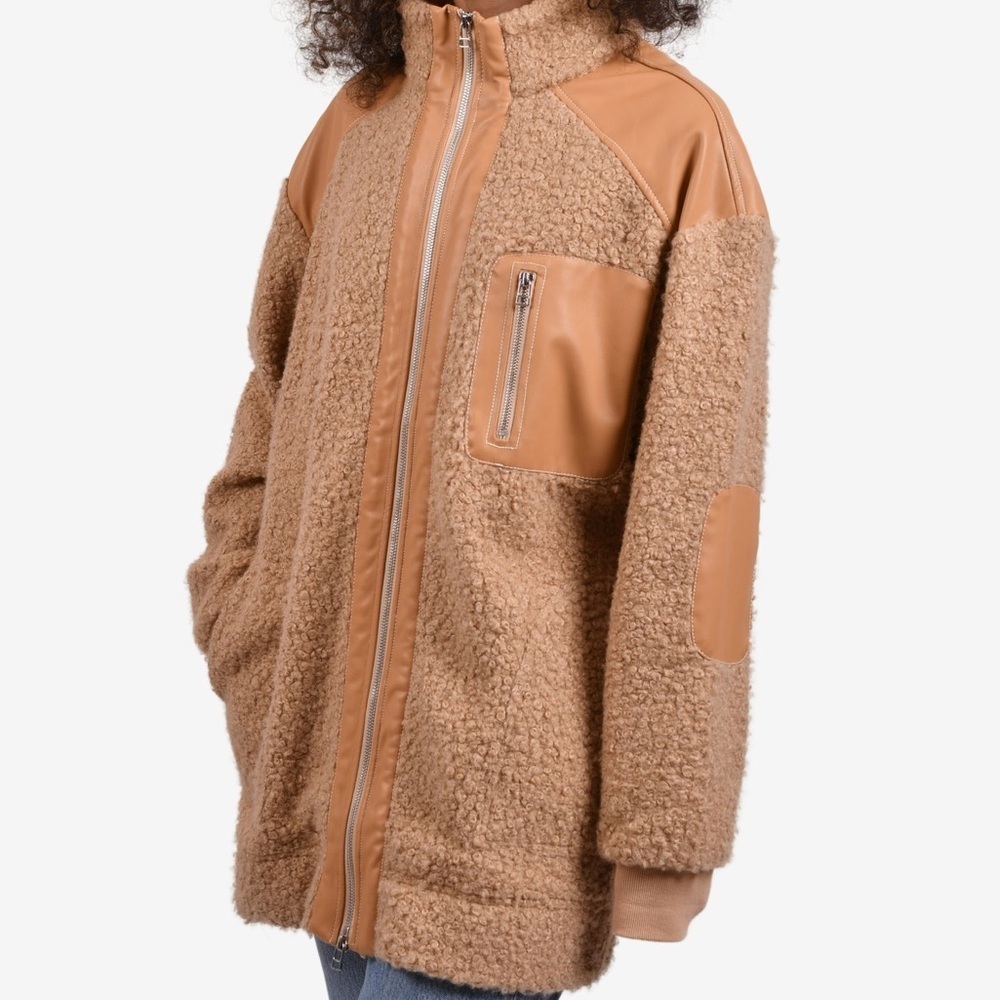 STAUD Bowie Teddy Fleece Coat with Faux Leather Trim – XS